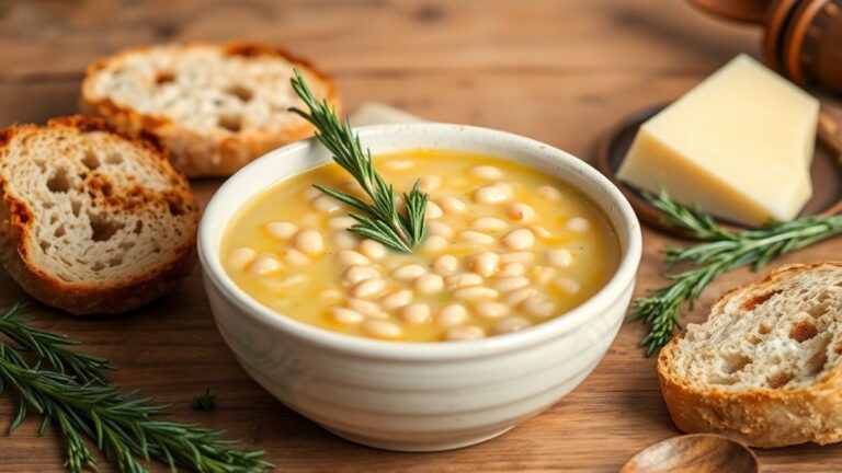 Delicious bowl of Tuscan White Bean Soup with fresh herbs, served with crusty bread – a healthy and flavorful homemade soup recipe