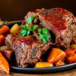 Italian Pot Roast (Stracotto) served with vegetables and fresh herbs, showcasing tender shredded beef in a rich red wine-based sauce