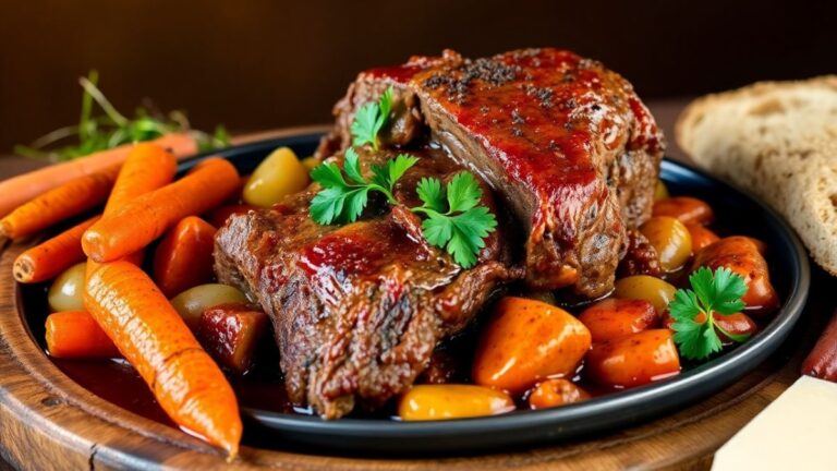 Italian Pot Roast (Stracotto) served with vegetables and fresh herbs, showcasing tender shredded beef in a rich red wine-based sauce