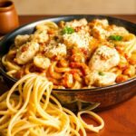 Plate of Marry Me Chicken Pasta with tender chicken, creamy sauce, and a sprinkle of Parmesan cheese, garnished with fresh herbs