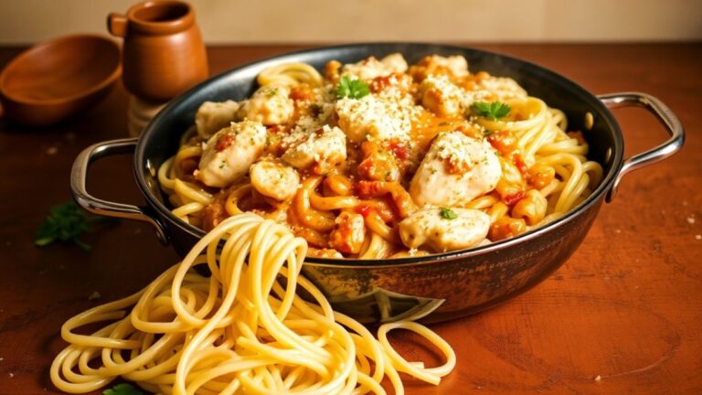 Plate of Marry Me Chicken Pasta with tender chicken, creamy sauce, and a sprinkle of Parmesan cheese, garnished with fresh herbs