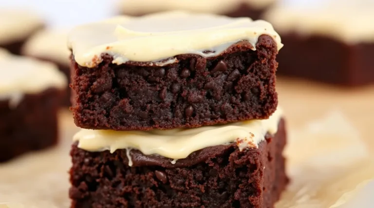 Fudgy brownies topped with smooth cream cheese frosting on a white plate