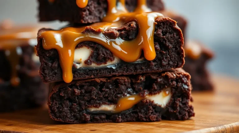 Caramel Cheesecake Nutella Brownies with swirls and caramel drizzle