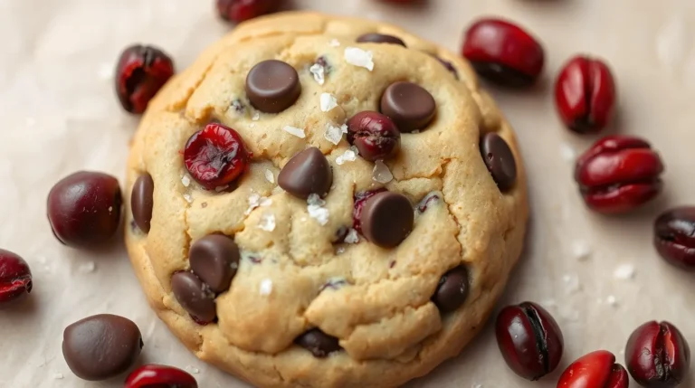 Freshly baked cherry chocolate chip cookies with gooey chocolate chips and tart cherries on a wooden tray.