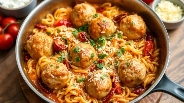 Marry Me Chicken Meatball Orzo served in a bowl with creamy sauce and meatballs