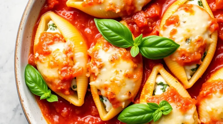 A plate of Spinach and Ricotta Stuffed Shells topped with marinara sauce and melted cheese, served with fresh basil on a white dish.