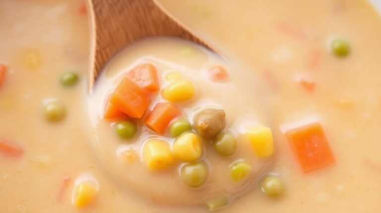 A bowl of creamy Stampede Soup garnished with fresh herbs, served with a side of crusty bread.