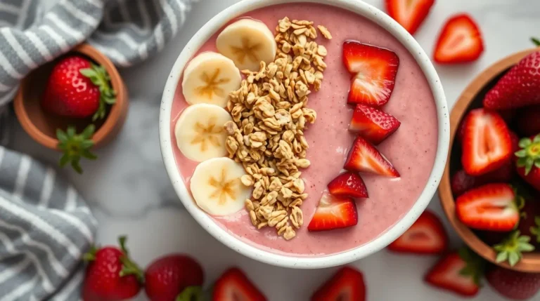 A vibrant Strawberry Banana Smoothie Bowl topped with granola, fresh strawberries, banana slices, and chia seeds, served in a wooden bowl.