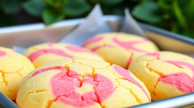 Freshly baked Strawberry Lemon Poundcake Cookies on a cooling rack, topped with a light lemon glaze and garnished with fresh strawberries.