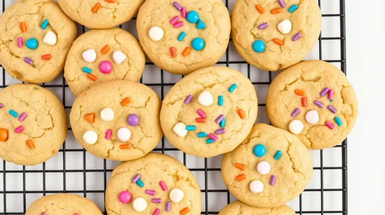 Soft and chewy White Chocolate Confetti Cookies with rainbow sprinkles on a cooling rack