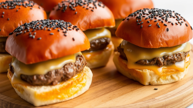 Close-up of freshly baked Roast Beef & Cheddar Sliders with melted cheese and toasted buns, served on a wooden platter.