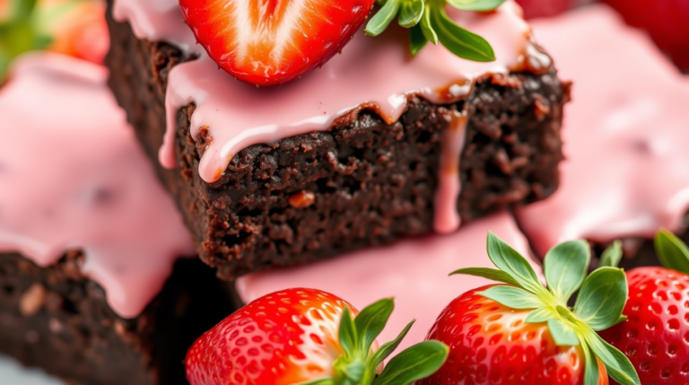 A plate of fudgy Strawberry Brownies with rich chocolate and fresh strawberries, perfect for a sweet treat or dessert.